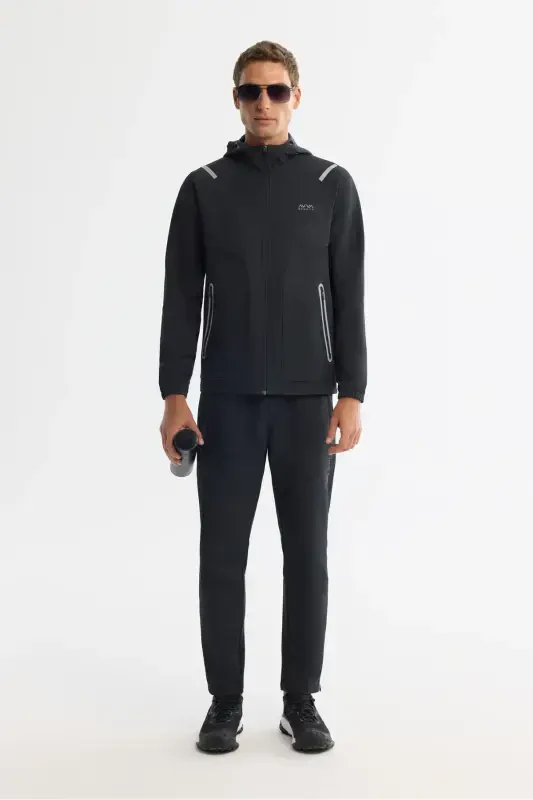 Men's Black Hoodie Zip-Up Elastane Sweatshirt - 6