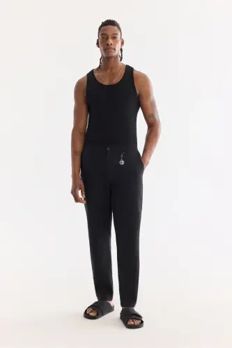 Men's Black Issos Relaxed Fit Pants with Elastic Waistband 100% Linen B003032 - 1