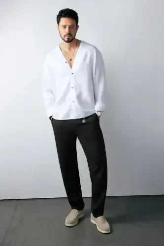 Men's Black Issos Relaxed Fit Pants with Elastic Waistband 100% Linen B003032 - 1