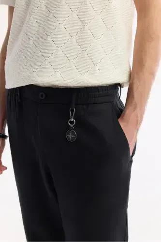 Men's Black Issos Relaxed Fit Pants with Elastic Waistband 100% Linen B003032 - 5