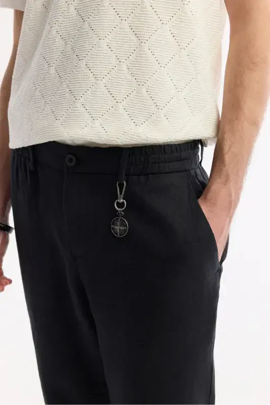 Men's Black Issos Relaxed Fit Pants with Elastic Waistband 100% Linen B003032 - 5