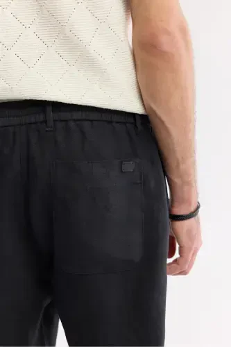 Men's Black Issos Relaxed Fit Pants with Elastic Waistband 100% Linen B003032 - 6