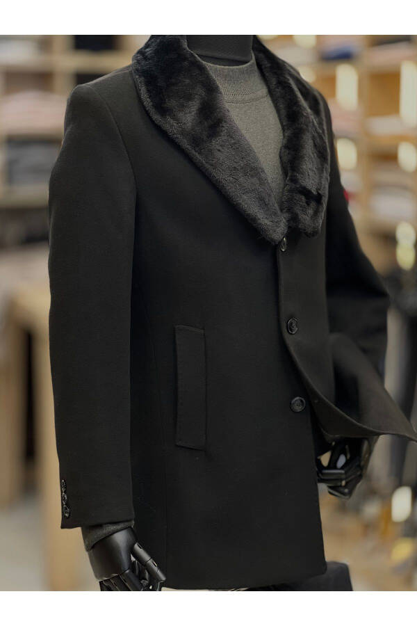 Men's black jacket with detachable fur collar, regular fit, mid-length coat. - 2