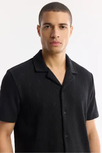 Men's Black Jacquard Mandarin Collar Short Sleeve Knitted Shirt - AVVA (1)