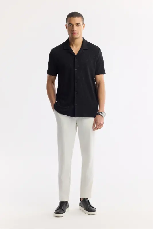 Men's Black Jacquard Mandarin Collar Short Sleeve Knitted Shirt - 6