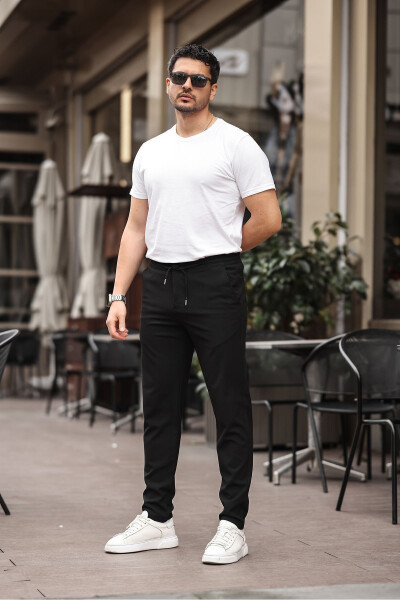 Men's Black Jogger Cut Elastic Waistband Stretch Lycra Slimfit Fabric Pants - 8