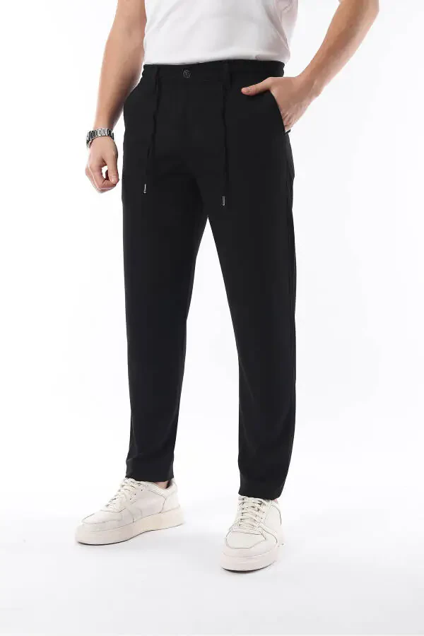 Men's Black Jogger Cut Elastic Waistband Stretch Lycra Slimfit Fabric Pants - 1