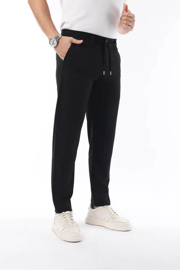 Men's Black Jogger Cut Elastic Waistband Stretch Lycra Slimfit Fabric Pants - 4