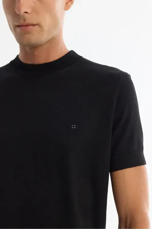 Men's Black Knit T-Shirt Half Fisherman Collar Short Sleeve Regular Fit B005025 - 3