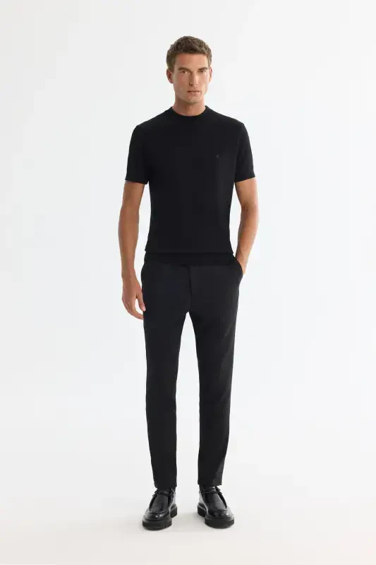 Men's Black Knit T-Shirt Half Fisherman Collar Short Sleeve Regular Fit B005025 - 6