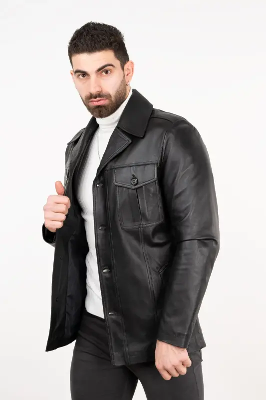 Men's Black Leather Coat-BLACK - 1
