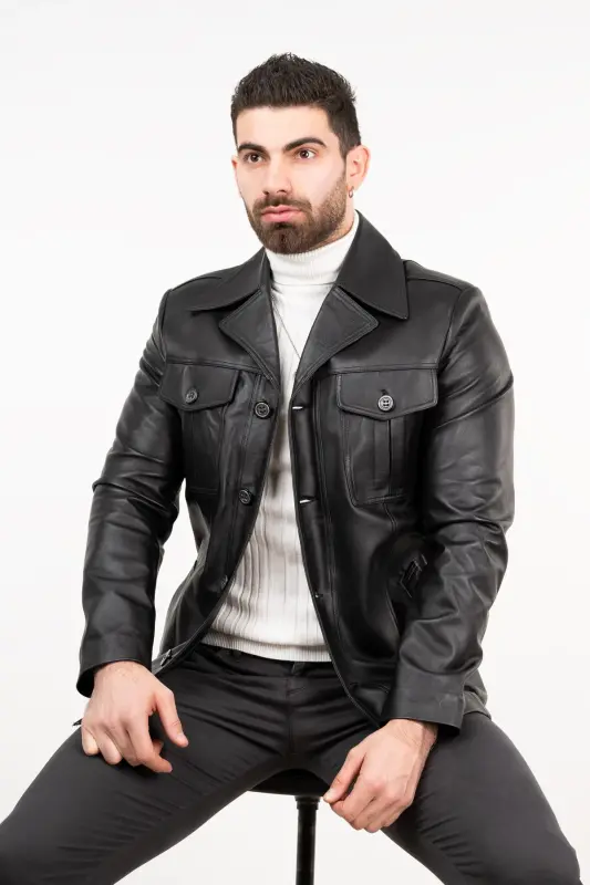 Men's Black Leather Coat-BLACK - 2
