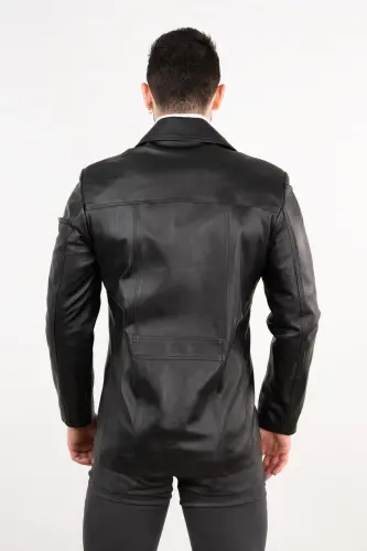 Men's Black Leather Coat-BLACK - 3