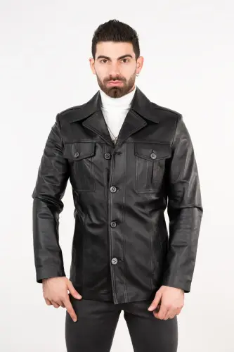 Men's Black Leather Coat-BLACK - 5