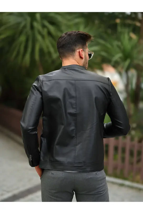 Men's Black Leather Jacket - 4