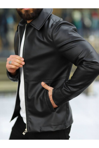 Men's Black Leather Jacket - 4