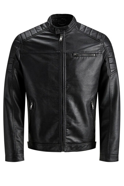 Men's Black Leather Jacket - Black 12147218 Jjerocky Jacket Noos - 1