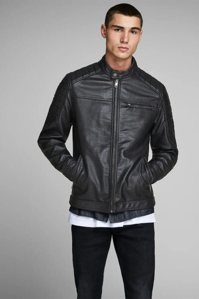 Men's Black Leather Jacket - Black 12147218 Jjerocky Jacket Noos - 3