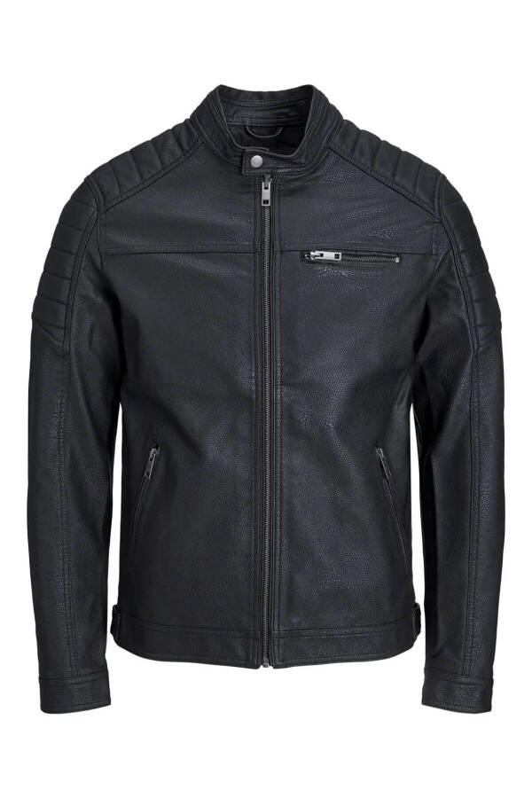 Men's Black Leather Jacket - Black 12147218 Jjerocky Jacket Noos - 5