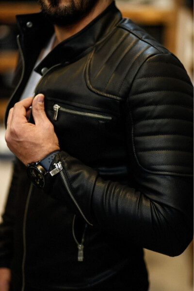 Men's Black Leather Jacket with Shoulder Stripes New Season - 3