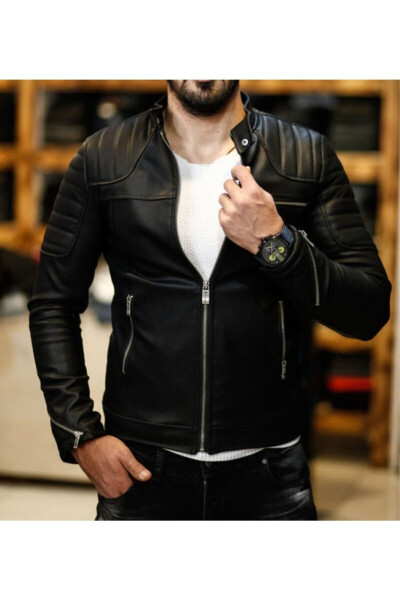 Men's Black Leather Jacket with Shoulder Stripes New Season - OLIGGOPOL