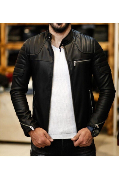 Men's Black Leather Jacket with Shoulder Stripes New Season - OLIGGOPOL (1)