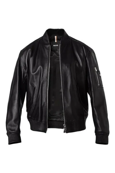 Men's Black Leather Jacket with Stand Collar, Zipper Closure and Pocket Details 50523543-001 - BOSS