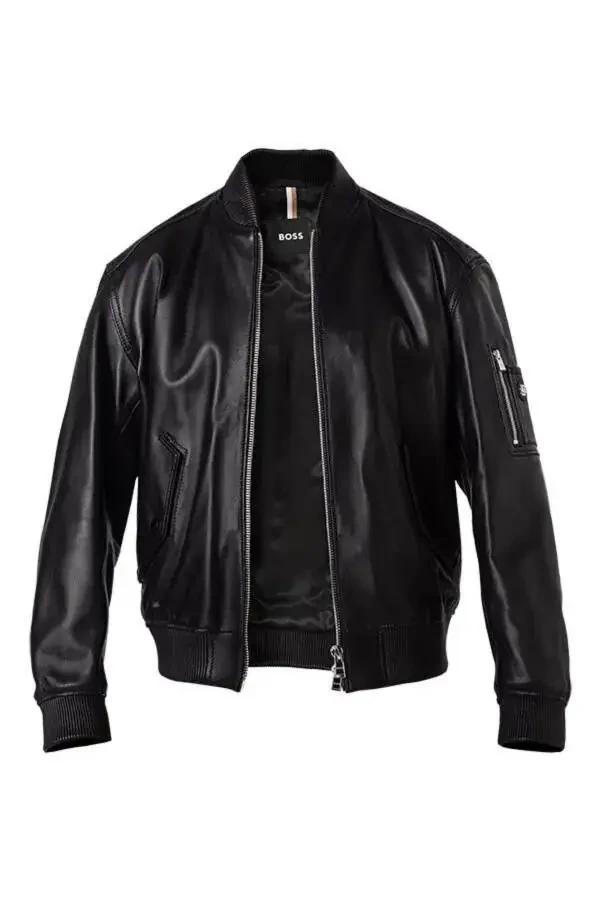 Men's Black Leather Jacket with Stand Collar, Zipper Closure and Pocket Details 50523543-001 - 1