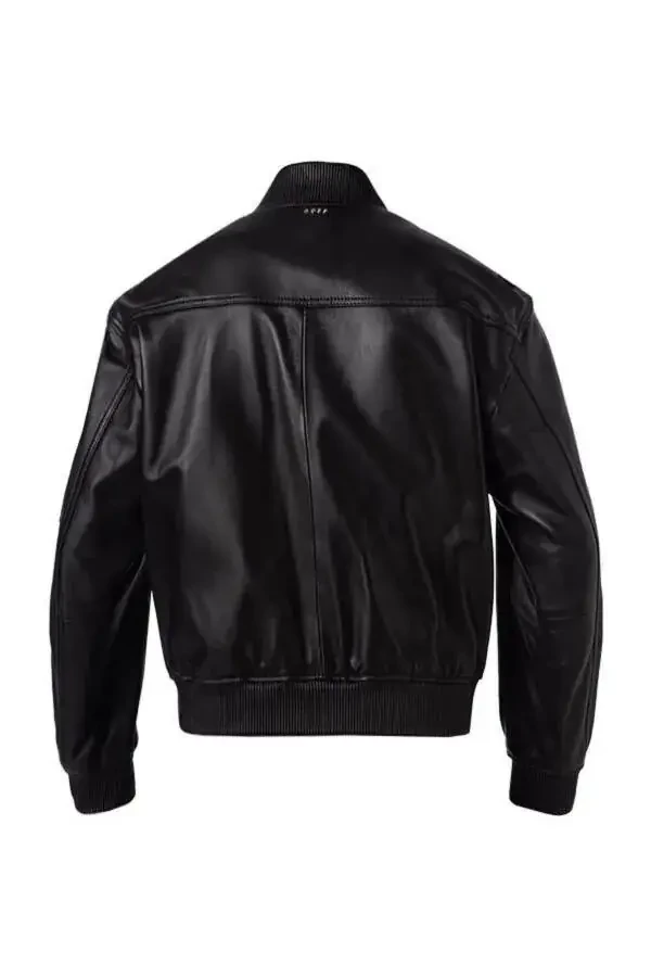 Men's Black Leather Jacket with Stand Collar, Zipper Closure and Pocket Details 50523543-001 - 2