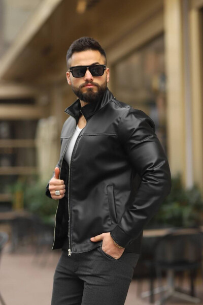 Men's Black Leather Spring Jacket - 4