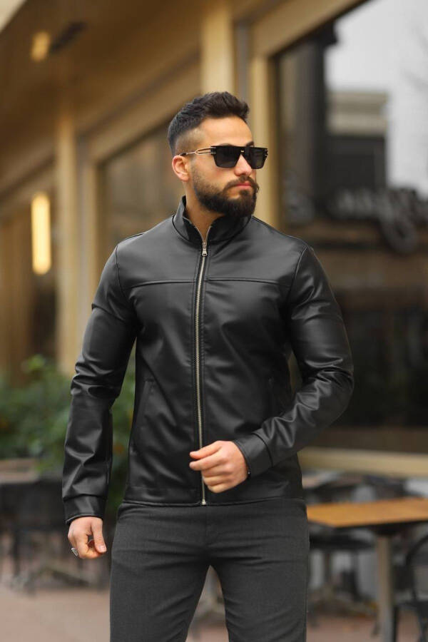 Men's Black Leather Spring Jacket - 5