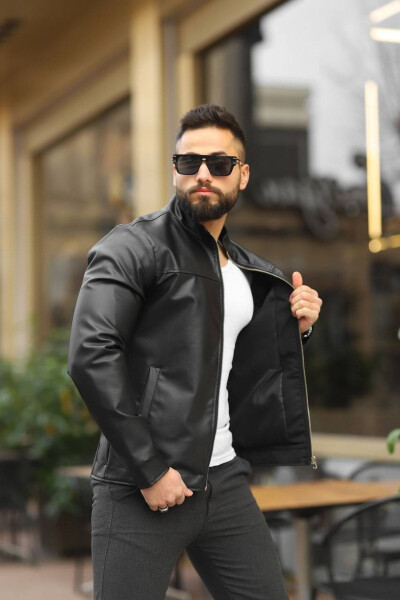 Men's Black Leather Spring Jacket - 6