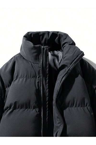 Men's Black Lined Double Pocket Water and Windproof Regular Fit Puffer Jacket - 3