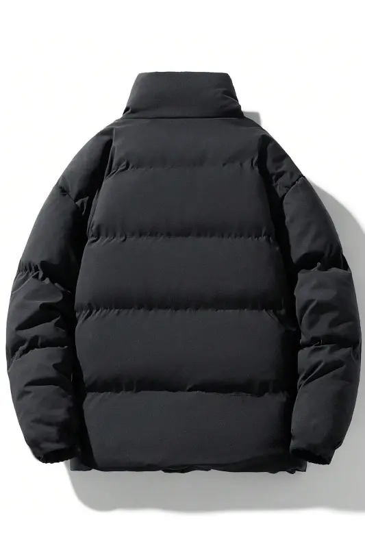 Men's Black Lined Double Pocket Water and Windproof Regular Fit Puffer Jacket - Dark Black - 2