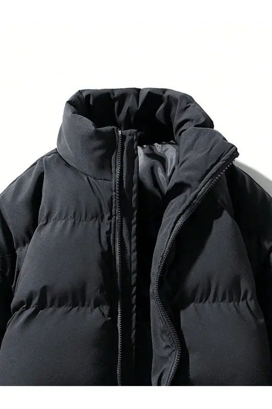 Men's Black Lined Double Pocket Water and Windproof Regular Fit Puffer Jacket - Dark Black - 3