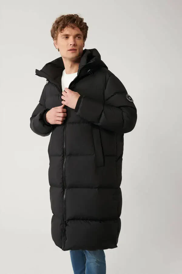 Men's black long puffer jacket, duck down filled, water repellent, windproof, hooded and comfort fit. - 1