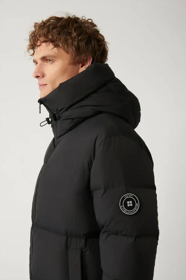 Men's black long puffer jacket, duck down filled, water repellent, windproof, hooded and comfort fit. - 2