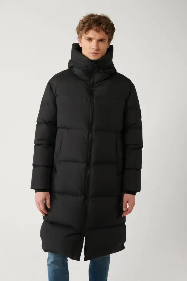 Men's black long puffer jacket, duck down filled, water repellent, windproof, hooded and comfort fit. - 3