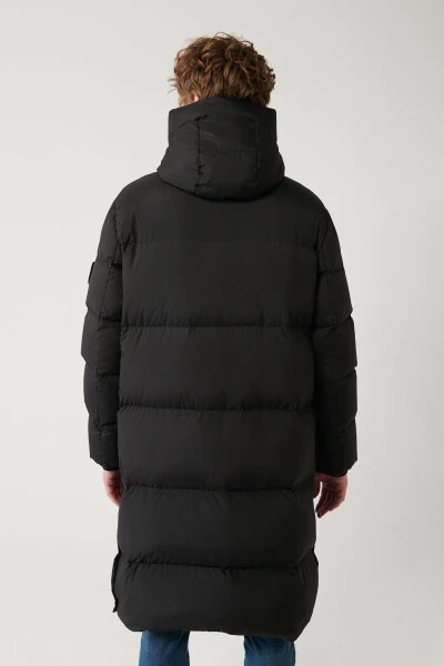 Men's black long puffer jacket, duck down filled, water repellent, windproof, hooded and comfort fit. - 4