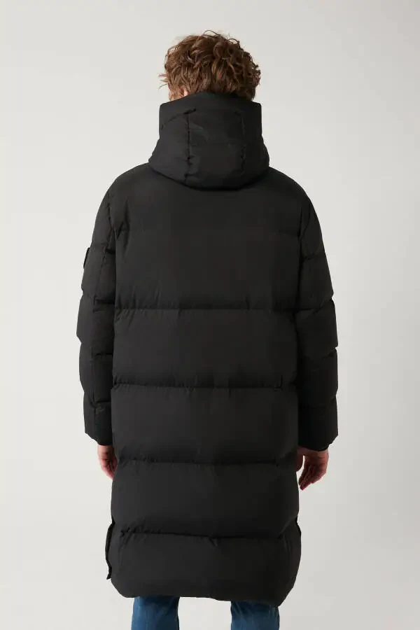 Men's black long puffer jacket, duck down filled, water repellent, windproof, hooded and comfort fit. - 4