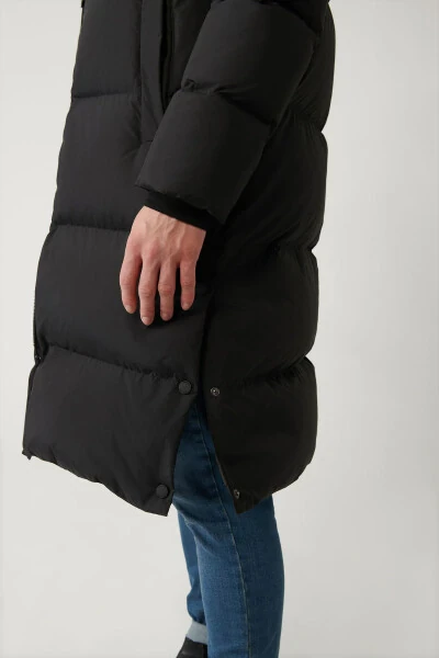 Men's black long puffer jacket, duck down filled, water repellent, windproof, hooded and comfort fit. - 5