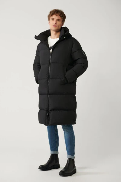 Men's black long puffer jacket, duck down filled, water repellent, windproof, hooded and comfort fit. - 8