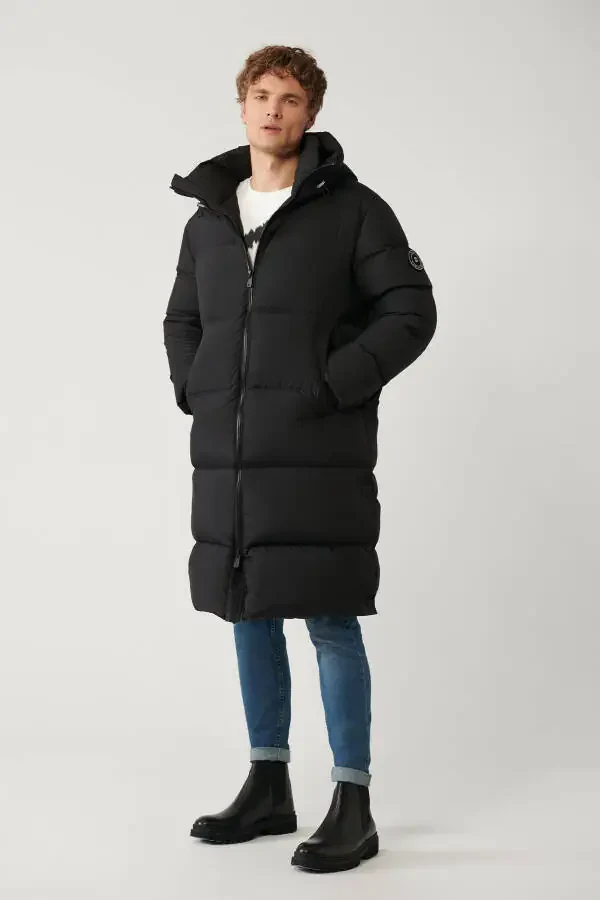 Men's black long puffer jacket, duck down filled, water repellent, windproof, hooded and comfort fit. - 8