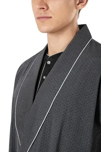 Men's Black Long & Short Sleeve Pajamas with Shorts and Robe 5-Piece Dowry Set-Black - 3