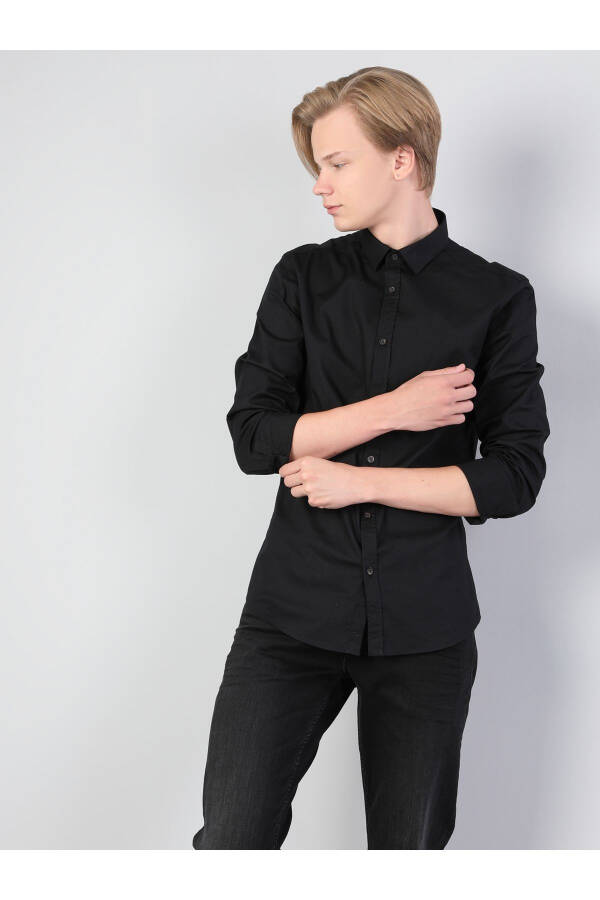 Men's Black Long Sleeve Slim Fit Shirt - 7