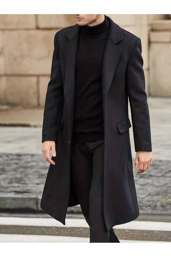 Men's black long wool blend cashmere coat. - 1