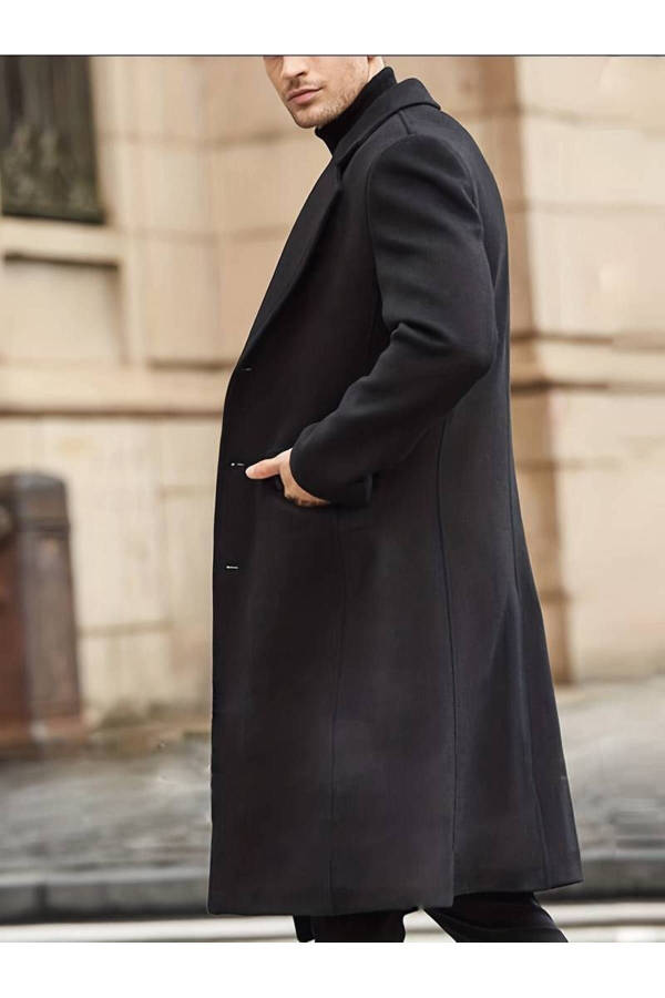 Men's black long wool blend cashmere coat. - 2