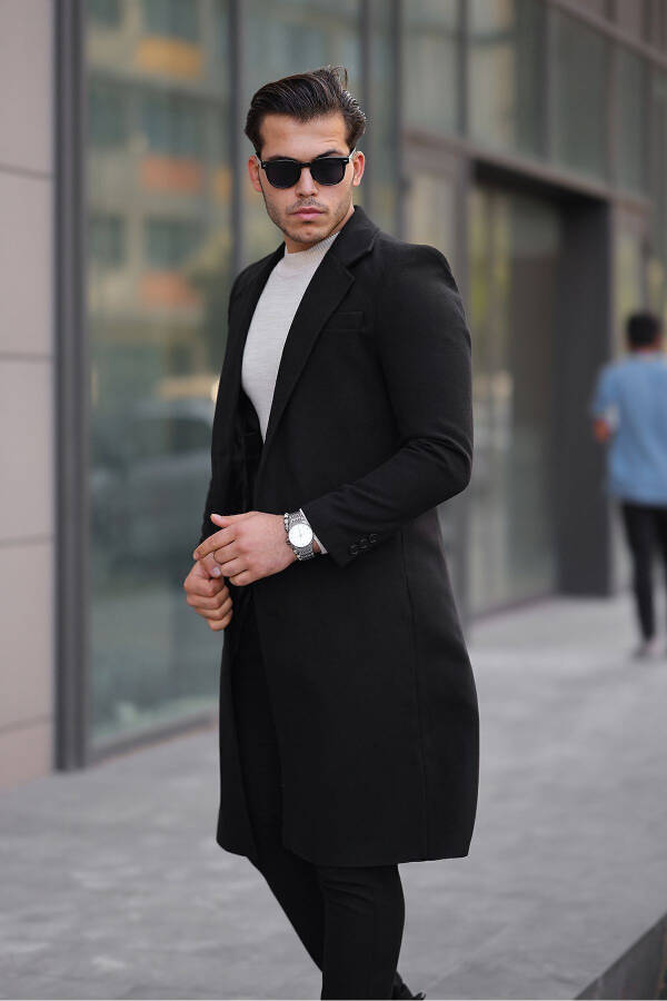 Men's black long wool blend cashmere coat. - 4