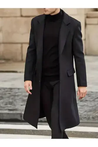 Men's black long wool blend cashmere coat. - 1