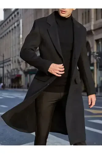 Men's black long wool blend cashmere coat. - 3
